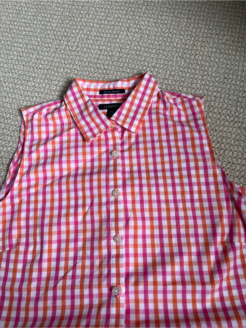 Land's End women’s Sleeveless Gingham Shirt - Pink & Orange EUC